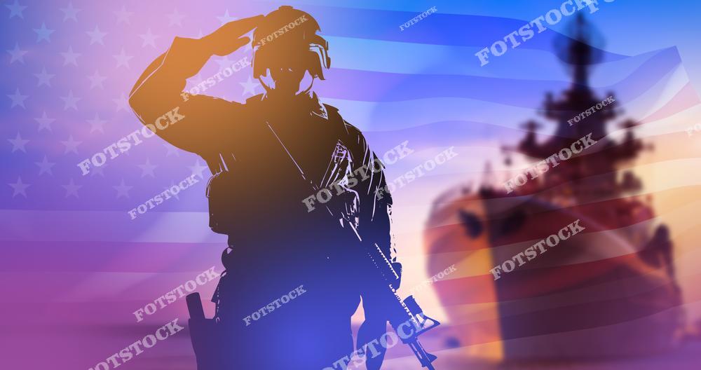 На фотографии показан силуэт военного в салютующем жесте с оружием, на фоне флага США и размытых очертаний военного корабля. Сцена выполнена в патриотическом стиле, символизируя честь, службу и защиту государства. Яркий фон подчеркивает торжественность момента.