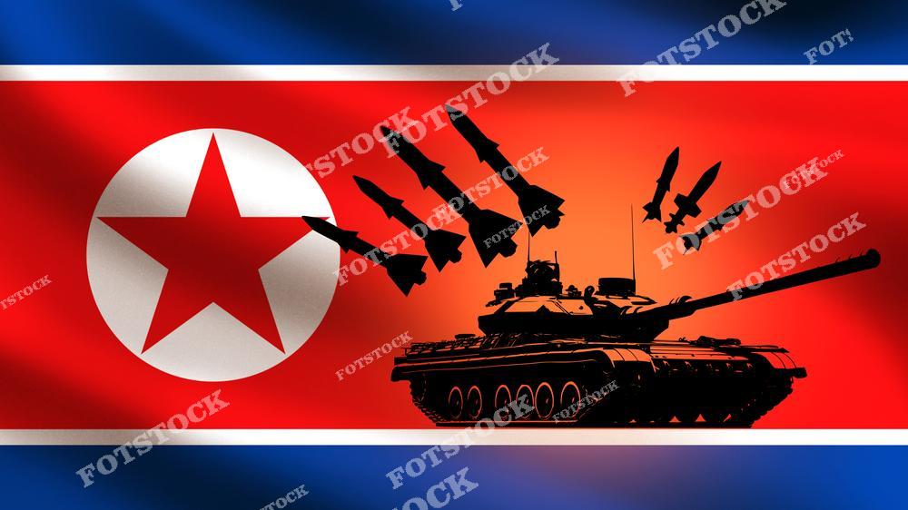На изображении танк и летящие ракеты, расположенные на фоне флага Северной Кореи с красной звездой. Композиция подчеркивает военный потенциал, готовность к обороне и национальную стратегию.