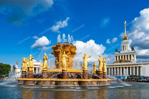 На фотографии запечатлен фонтан "Каменный цветок" в Москве, расположенный на территории выставки достижений народного хозяйства. Этот величественный фонтан украшен мозаикой из смальты, создавая изысканный и впечатляющий вид. Он стоит в окружении павильонов выставки, что добавляет атмосферы масштабности и значимости места. Фото передает атмосферу спокойствия и гармонии, присущую этому историческому месту.