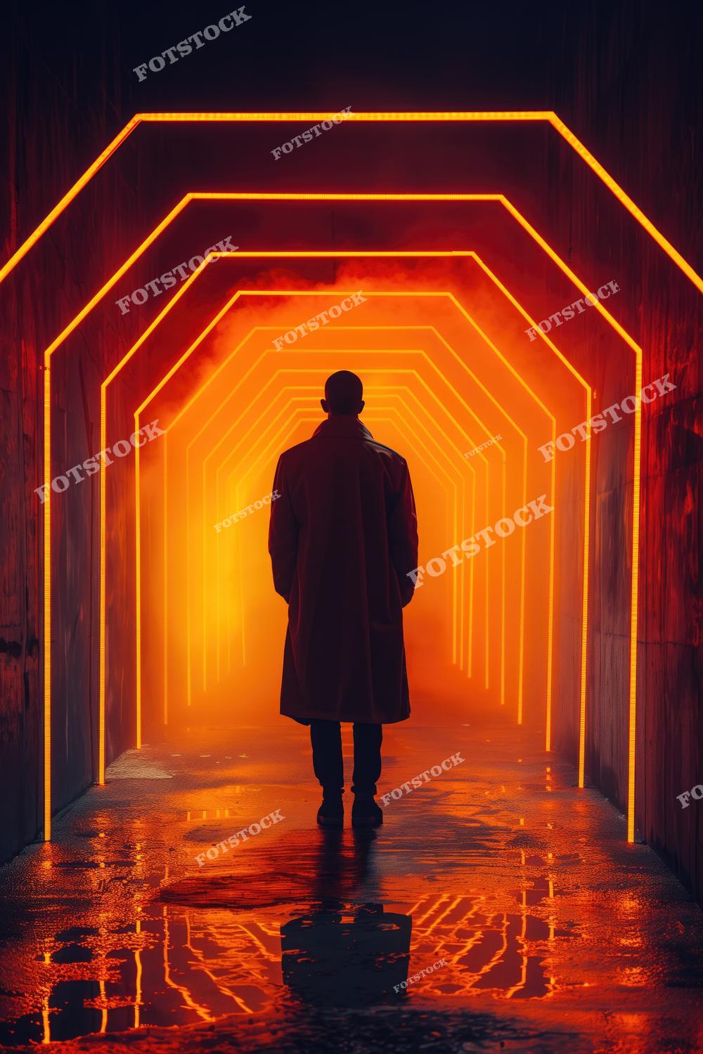 На фотографии мужчина в длинном пальто идет через туннель, освещенный яркими оранжевыми неоновыми линиями. Пол отражает свет, создавая эффект глубины и драматичности. Образ ассоциируется с футуризмом, одиночеством и поиском чего-то неизвестного.