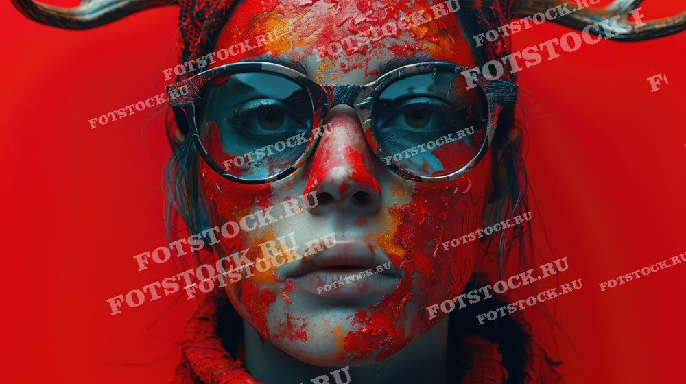 На фотографии изображена женщина с драматическим и выразительным гримом в красных тонах, дополненным черными очками и аксессуарами, которые придают образу яркость и эксцентричность. Лицо частично покрыто красной краской, создающей впечатление потеков или брызг. Это изображение может быть использовано в публикациях, на выставках современного искусства или в рекламных кампаниях, где требуется необычный и запоминающийся визуальный стиль.