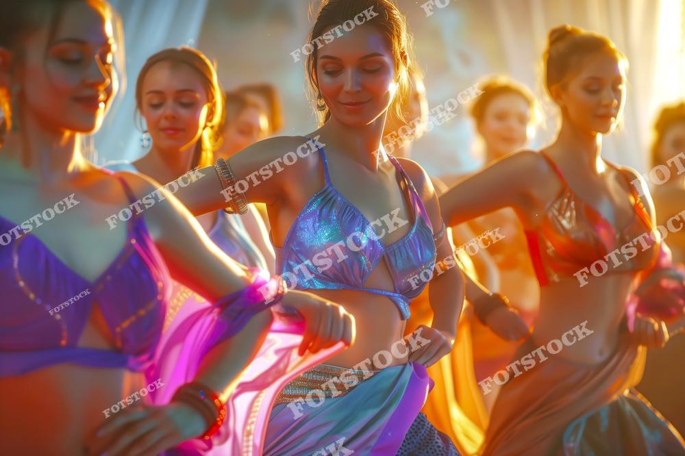 На фотографии группа молодых женщин в красочных восточных костюмах танцует под мягким светом. Их плавные движения и яркие наряды создают ощущение ритма и энергии. Эта сцена передает красоту и грацию восточной культуры.