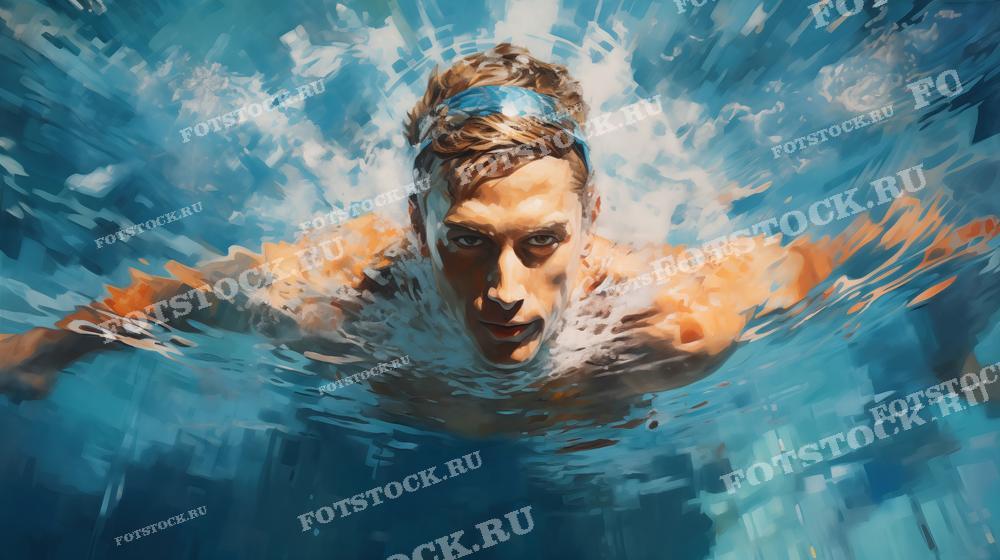 На фотографии изображён мужчина, плывущий в воде. Его сконцентрированный взгляд и динамично разбрызгивающаяся вода вокруг передают чувство силы и скорости. Изображение может использоваться для иллюстрации статей о плавании, здоровом образе жизни, спортивных достижениях или как вдохновляющий материал в спортивной рекламе.