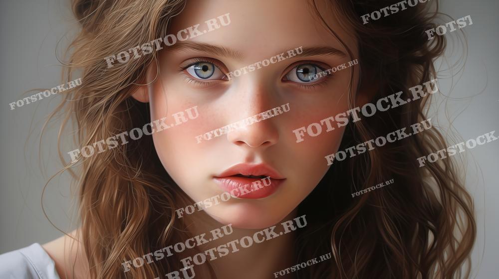 На фотографии изображена девочка с волнами светло-каштановых волос и пронзительными голубыми глазами, смотрящими прямо на зрителя. Её взгляд и легкая улыбка добавляют портрету живости и естественности. Это изображение может быть использовано для рекламы детских товаров, модных журналов для подростков, образовательных материалов, а также в художественных и социальных проектах, направленных на поддержку и развитие детей.