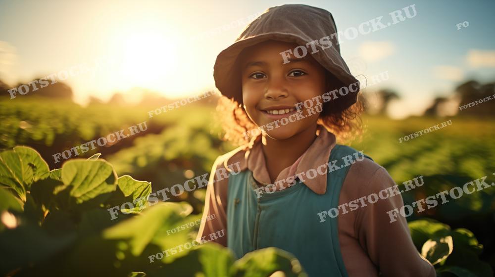 На фотографии изображен улыбающийся ребенок в шляпе, стоящий на фоне поля в лучах заката. Теплые солнечные лучи освещают его лицо, создавая атмосферу радости и беззаботности. Изображение передает моменты счастья и гармонии с природой.