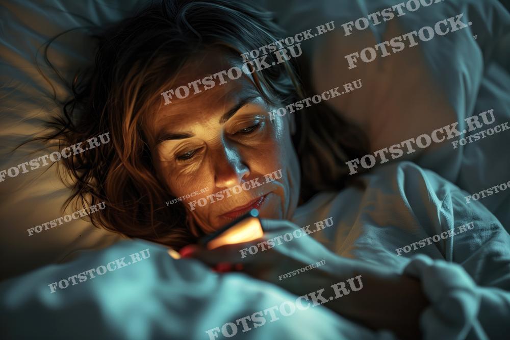 На фотографии изображена женщина в кровати, использующая смартфон в темное время суток. Свет от экрана освещает её лицо, создавая атмосферу уюта и спокойствия. Изображение передает ощущение ночного отдыха и повседневного использования технологий.