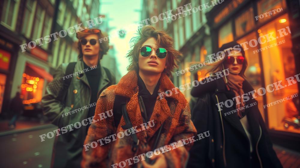 На фотографии изображена группа молодых людей, идущих по городской улице. Они одеты в модные наряды: куртки, шарфы и солнцезащитные очки, что придает им вид стильных и уверенных городских жителей. Освещение и цвета снимка добавляют атмосферу динамичности и современной городской жизни. Это изображение идеально подойдет для рекламы молодежной одежды, статей о городском стиле или как визуальное сопровождение маркетинговых кампаний, нацеленных на молодежную аудиторию.