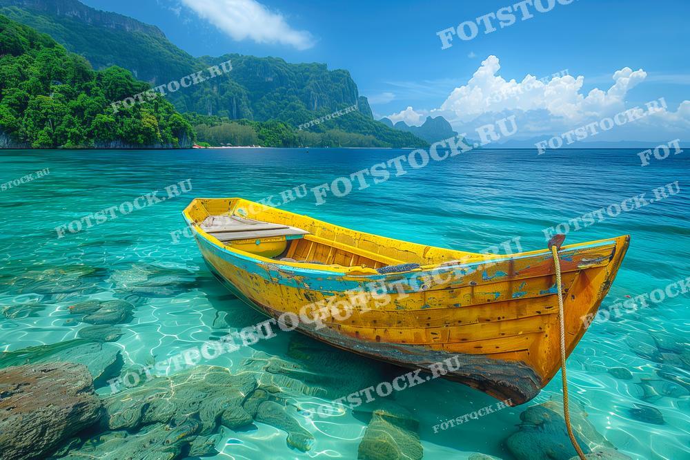 На фотографии изображена желтая лодка, стоящая на прозрачной воде у берега тропического острова. Вода настолько чистая, что видно дно с камнями и песком. Вдали видны зелёные горы и облака, создавая атмосферу спокойствия и красоты природы.