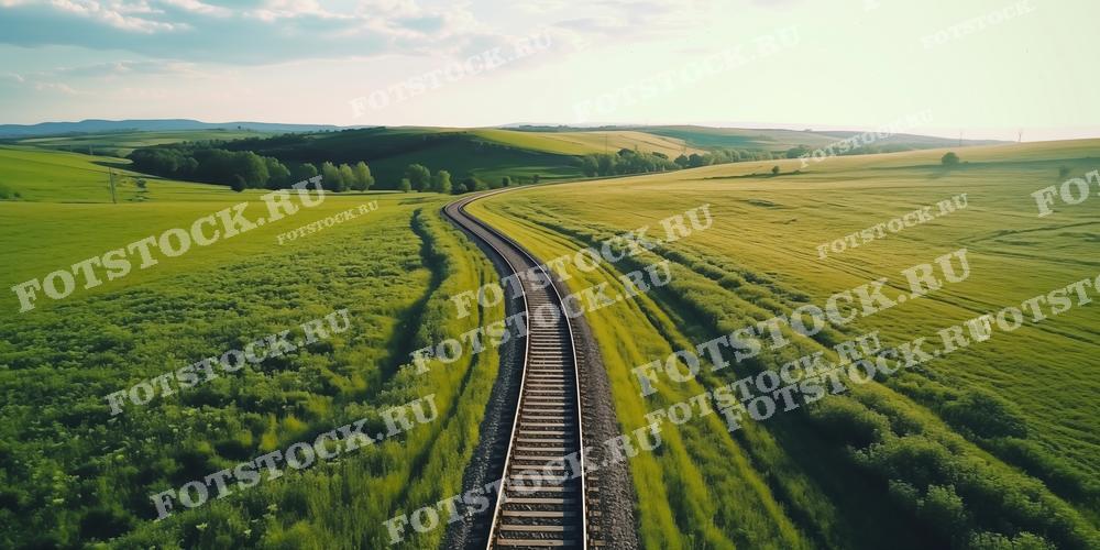 На фотографии изображена железная дорога, проходящая через зеленые поля и холмы. Вид снят с высоты, что позволяет увидеть живописный ландшафт с мягкими изгибами рельсов и окружающими растениями. Голубое небо с облаками добавляет ощущения простора и свободы. Эта фотография может быть использована для иллюстрации материалов о путешествиях, природе, железнодорожном транспорте, а также в рекламных кампаниях туристических агентств и железнодорожных компаний.