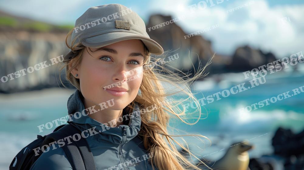 На фотографии изображена молодая женщина в кепке и куртке, стоящая на побережье Галапагосских островов. Ветер развевает её волосы, а на заднем плане видны скалы и волны океана. Её взгляд направлен вдаль, создавая ощущение спокойствия и единения с природой.