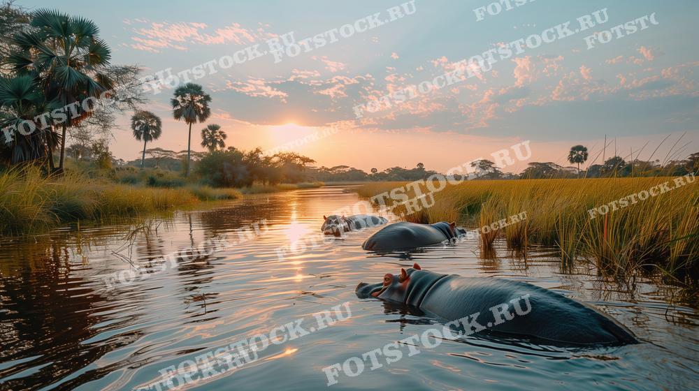 На фотографии изображены бегемоты, плавающие в реке на фоне закатного неба в саванне Ботсваны. Пальмы и высокая трава обрамляют водоем, создавая живописный пейзаж. Закатные лучи освещают воду, придавая сцене теплые оттенки и ощущение спокойствия.