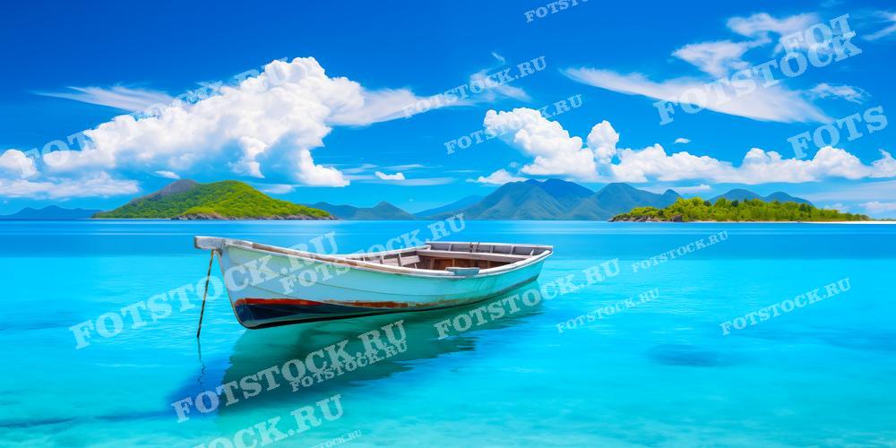 На фотографии изображена одинокая лодка, плавающая в прозрачных бирюзовых водах тропического острова. На заднем плане видны зеленые острова и живописные горы, а небо украшено белыми облаками. Эта фотография может быть использована для иллюстрации туристических буклетов, рекламных материалов о путешествиях и отдыхе на тропических островах.